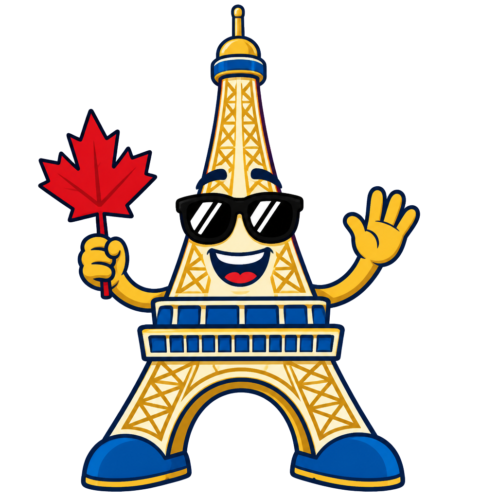 Europa Casino CA mascot — a cartoon Eiffel Tower in sunglasses holding a maple leaf